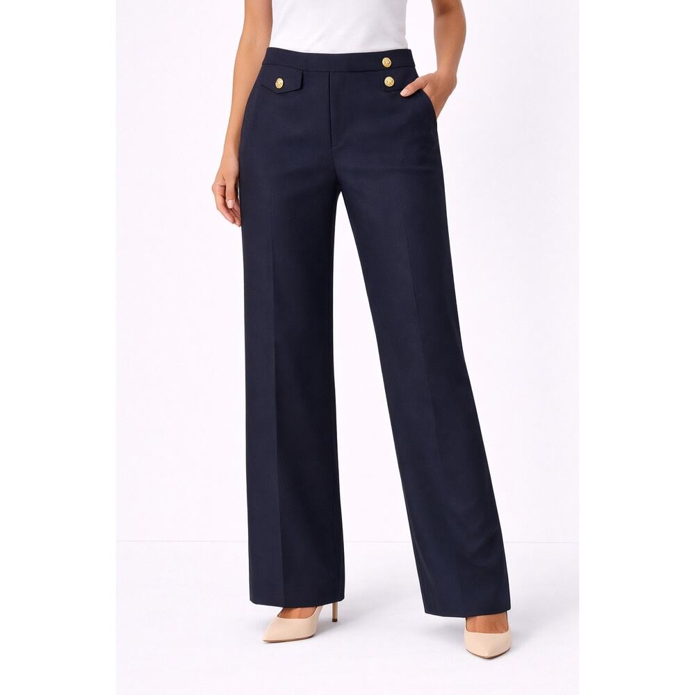 Veronica Beard Sailor Wide Leg Trouser Navy Gold Button Waist Pants 10